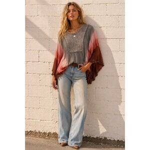 Just Cruising Grey Coral Rayon‎ Tie Dye Embroidered Poncho Top Boho Festival XL